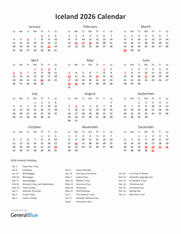 2026 Yearly Calendar Printable With Iceland Holidays
