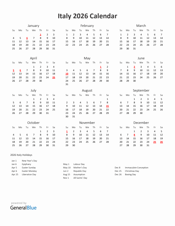 2026 Yearly Calendar Printable With Italy Holidays