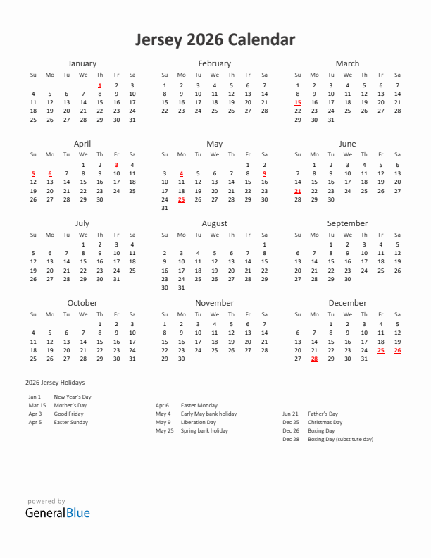 2026 Yearly Calendar Printable With Jersey Holidays