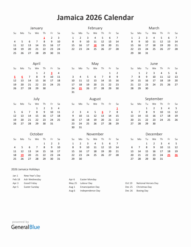 2026 Yearly Calendar Printable With Jamaica Holidays