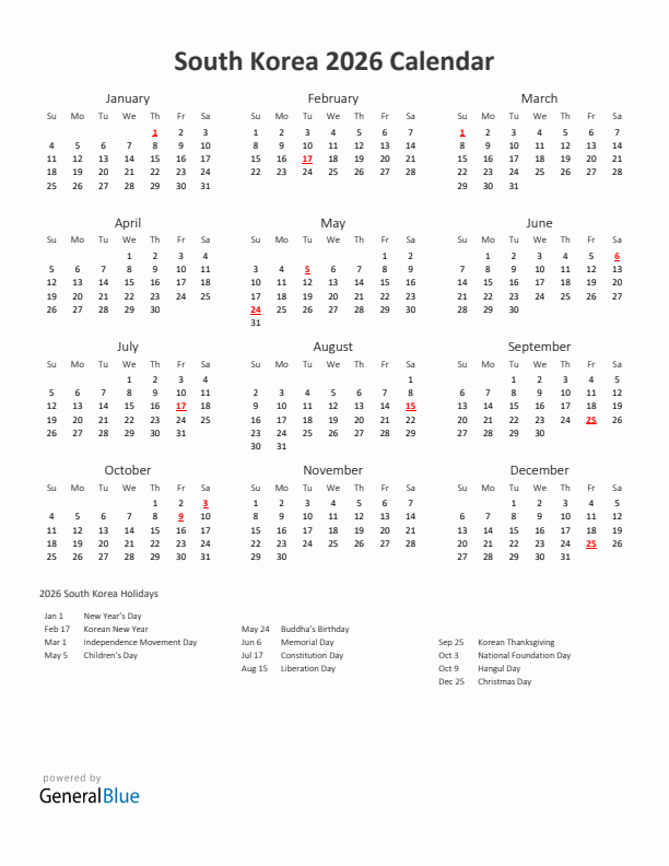 2026 Yearly Calendar Printable With South Korea Holidays
