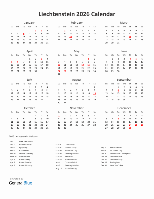 2026 Yearly Calendar Printable With Liechtenstein Holidays