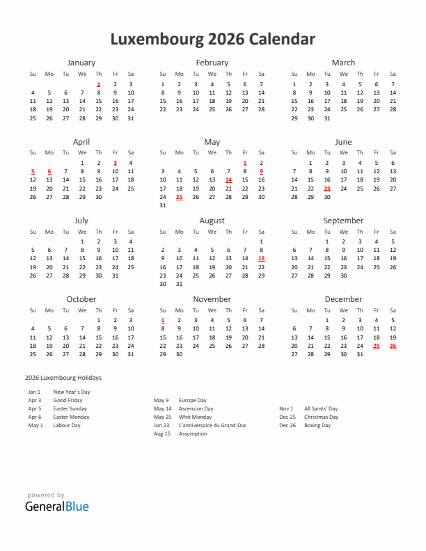2026 Yearly Calendar Printable With Luxembourg Holidays