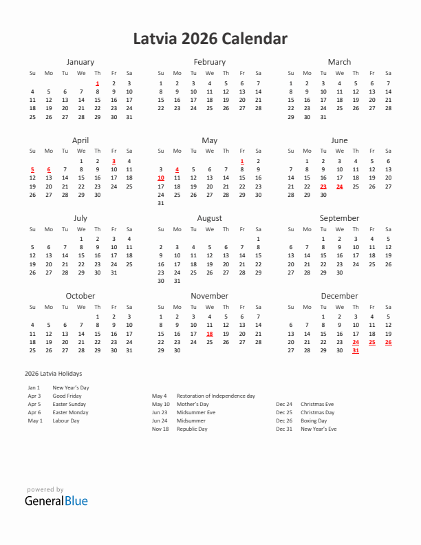 2026 Yearly Calendar Printable With Latvia Holidays
