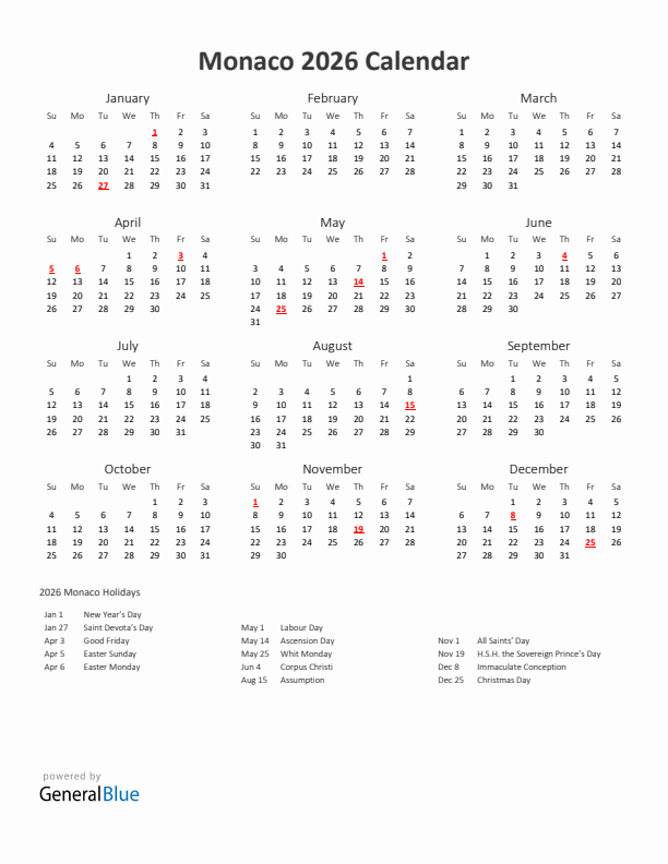 2026 Yearly Calendar Printable With Monaco Holidays