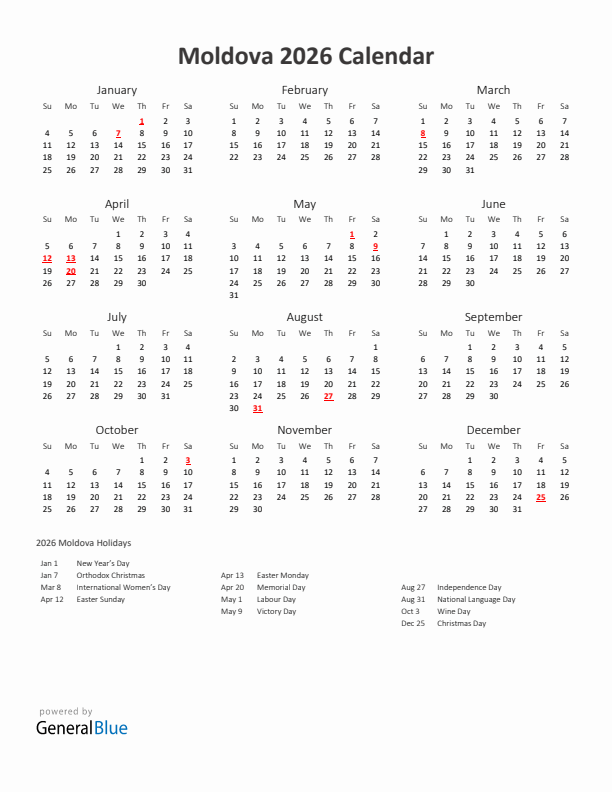 2026 Yearly Calendar Printable With Moldova Holidays