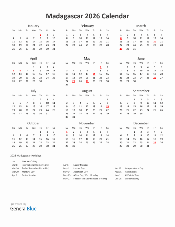 2026 Yearly Calendar Printable With Madagascar Holidays