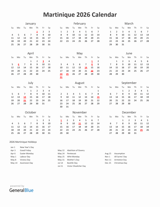 2026 Yearly Calendar Printable With Martinique Holidays