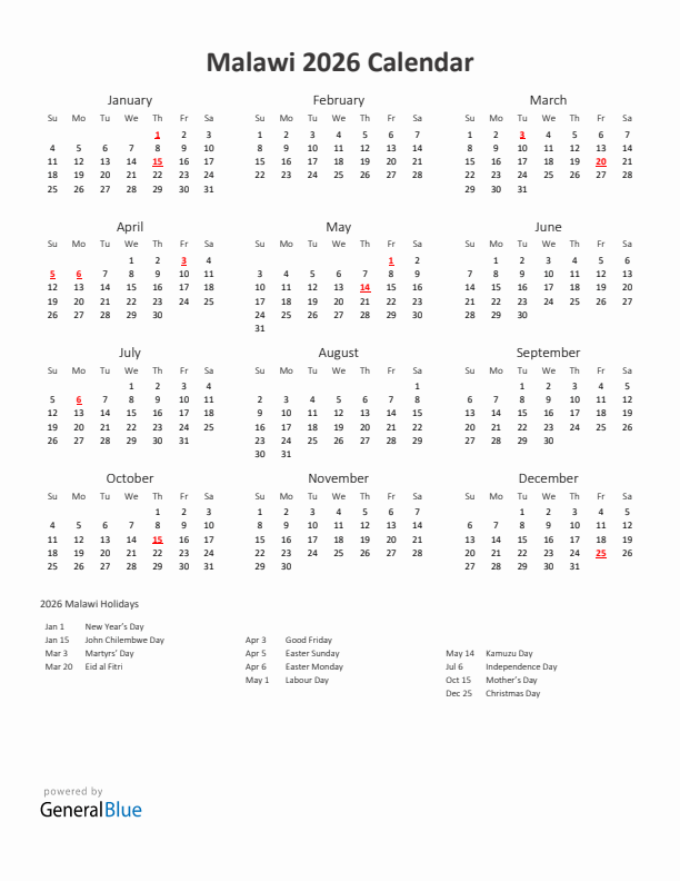 2026 Yearly Calendar Printable With Malawi Holidays