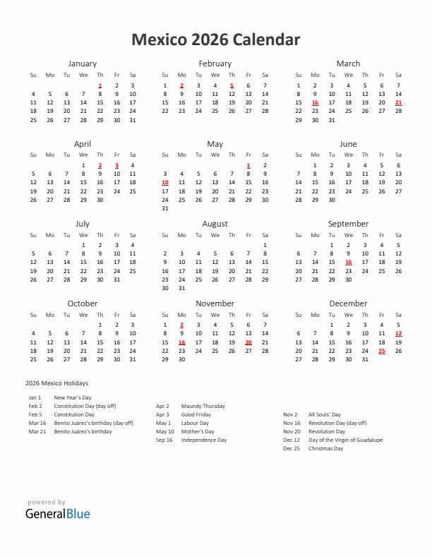 2026 Yearly Calendar Printable With Mexico Holidays