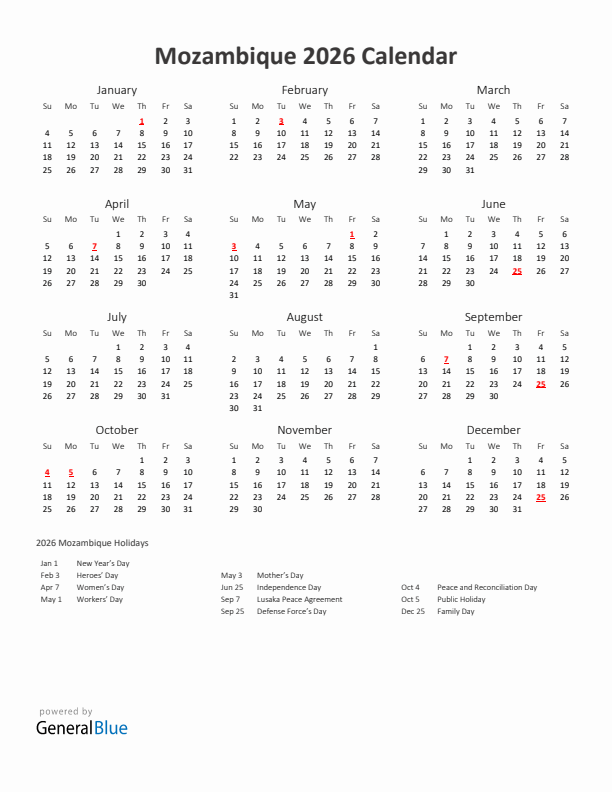 2026 Yearly Calendar Printable With Mozambique Holidays