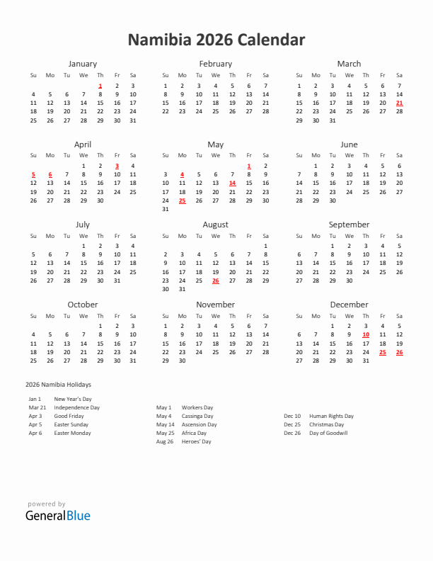 2026 Yearly Calendar Printable With Namibia Holidays