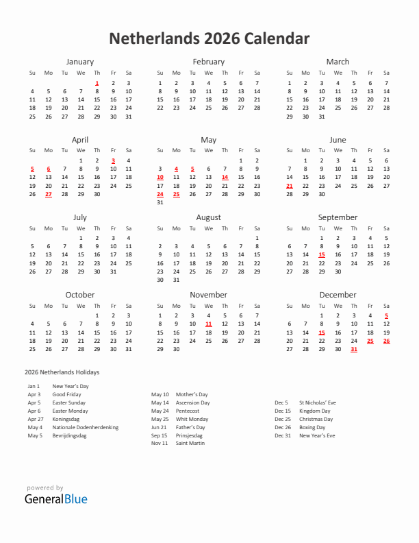 2026 Yearly Calendar Printable With The Netherlands Holidays