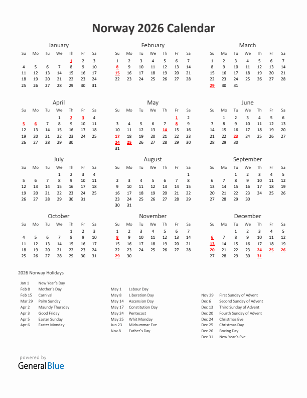 2026 Yearly Calendar Printable With Norway Holidays