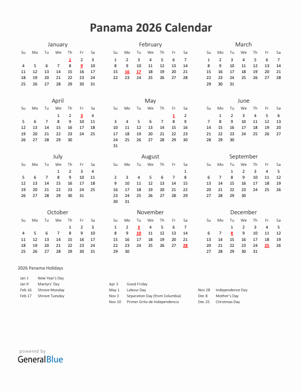 2026 Yearly Calendar Printable With Panama Holidays