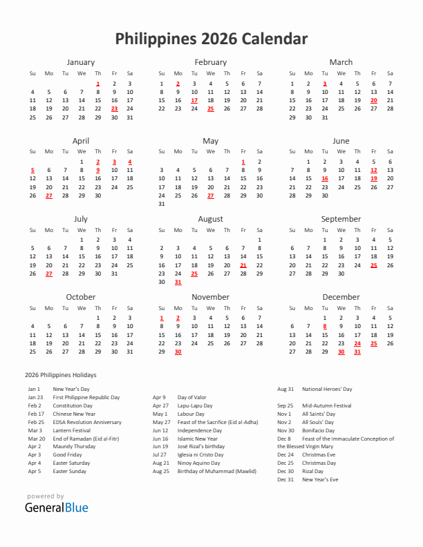 2026 Yearly Calendar Printable With Philippines Holidays
