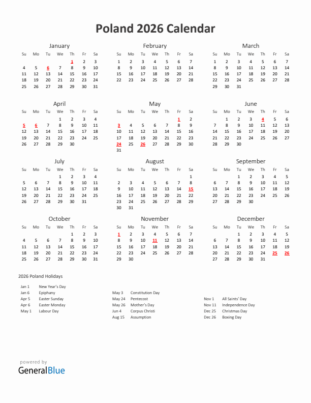 2026 Yearly Calendar Printable With Poland Holidays