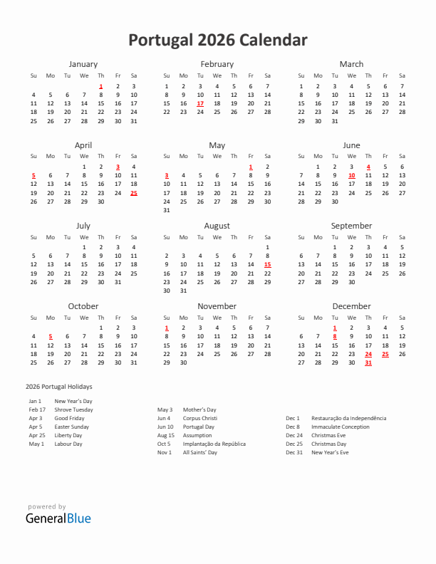 2026 Yearly Calendar Printable With Portugal Holidays