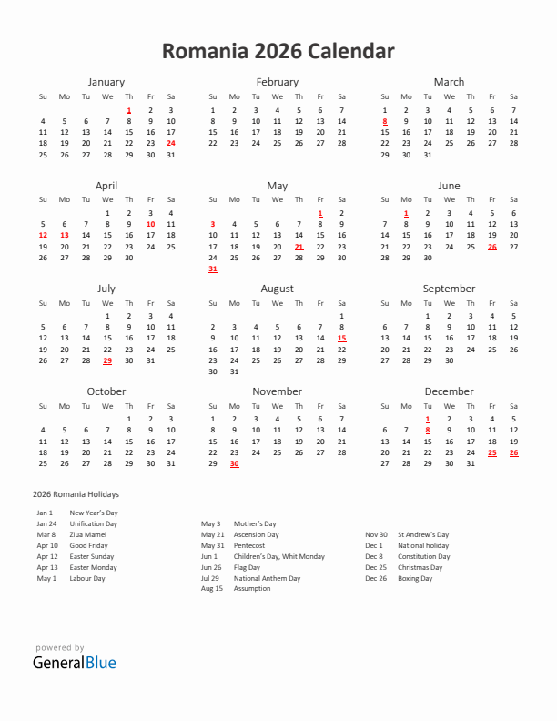 2026 Yearly Calendar Printable With Romania Holidays