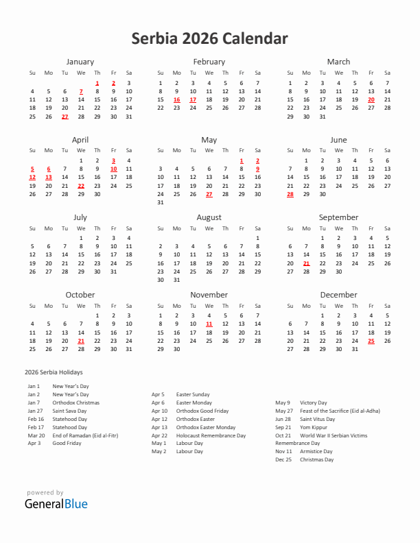 2026 Yearly Calendar Printable With Serbia Holidays