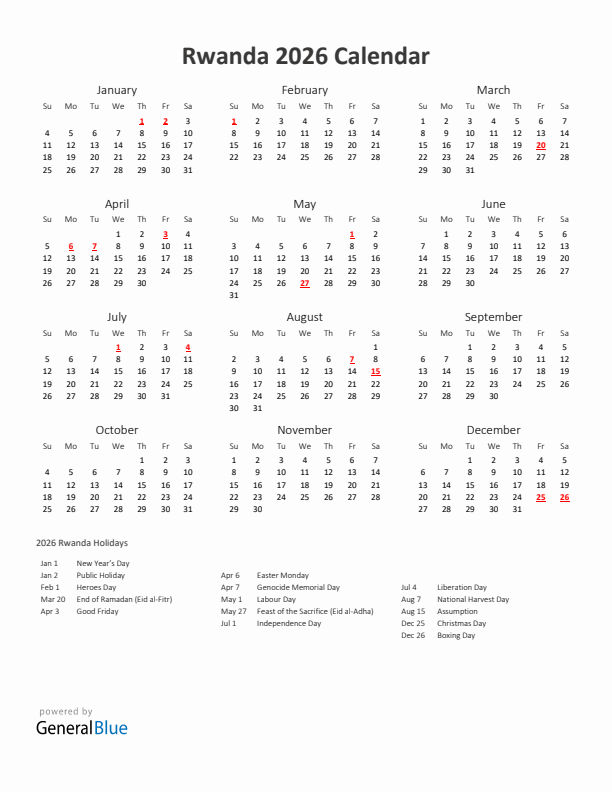 2026 Yearly Calendar Printable With Rwanda Holidays
