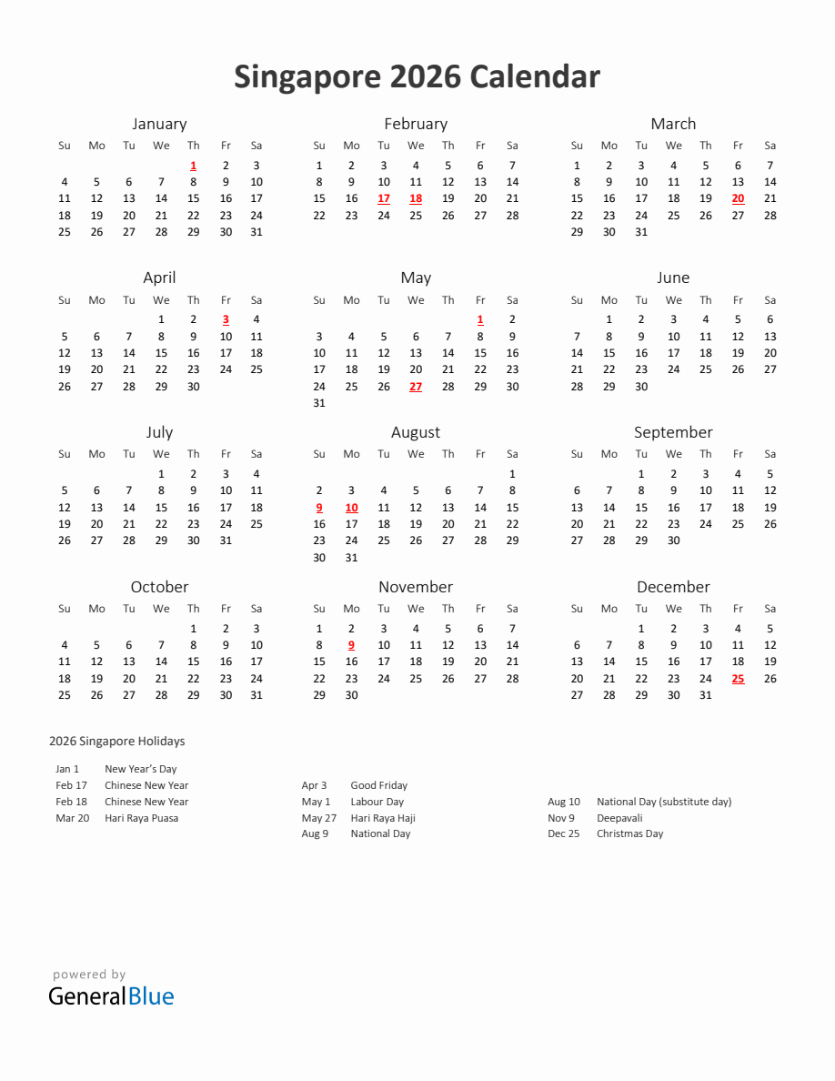 2026 Yearly Calendar Printable With Singapore Holidays