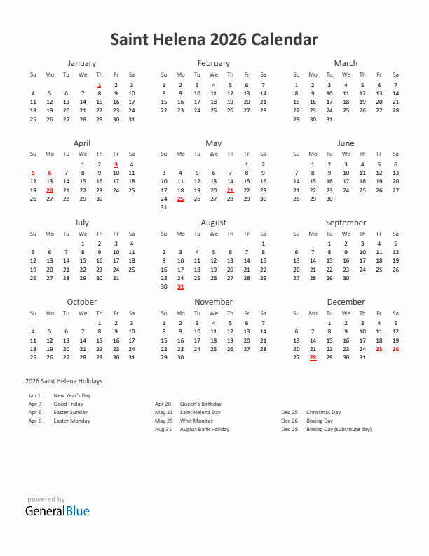 2026 Yearly Calendar Printable With Saint Helena Holidays