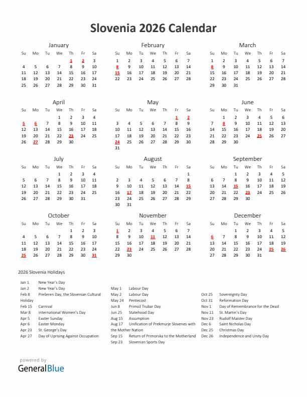 2026 Yearly Calendar Printable With Slovenia Holidays
