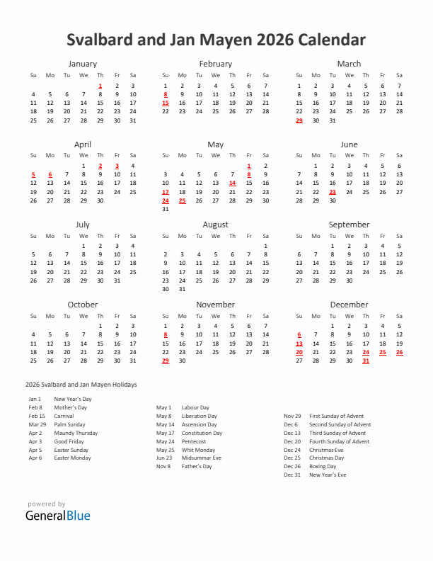 2026 Yearly Calendar Printable With Svalbard and Jan Mayen Holidays