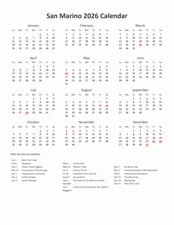 2026 Yearly Calendar Printable With San Marino Holidays