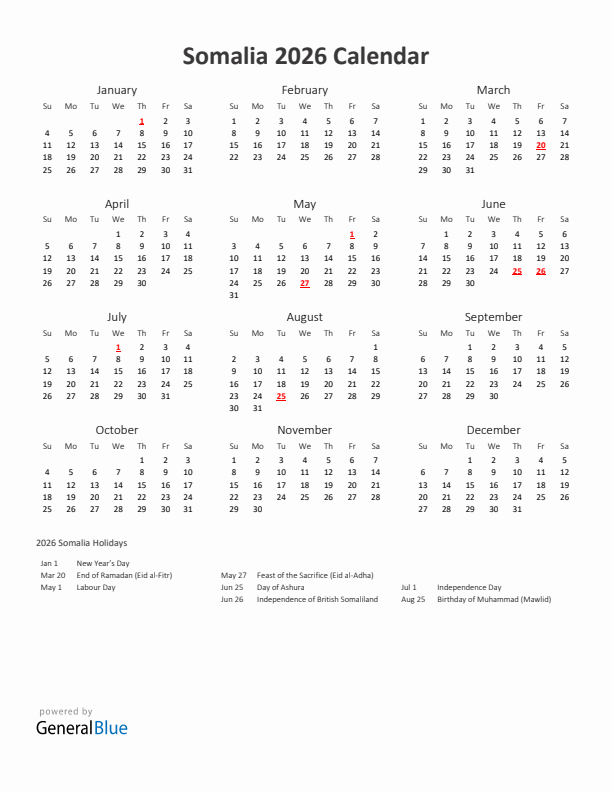2026 Yearly Calendar Printable With Somalia Holidays
