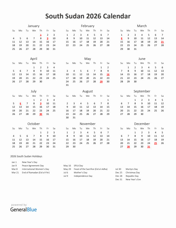 2026 Yearly Calendar Printable With South Sudan Holidays