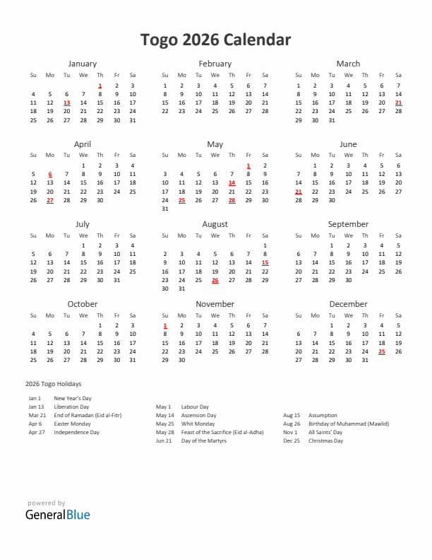 2026 Yearly Calendar Printable With Togo Holidays
