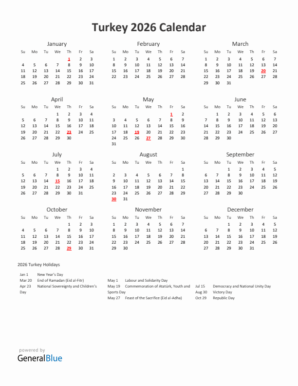 2026 Yearly Calendar Printable With Turkey Holidays