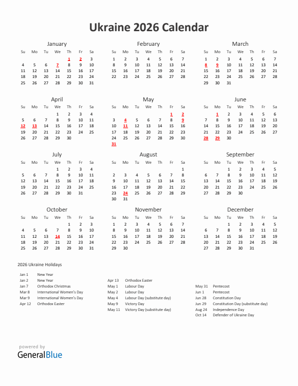 2026 Yearly Calendar Printable With Ukraine Holidays