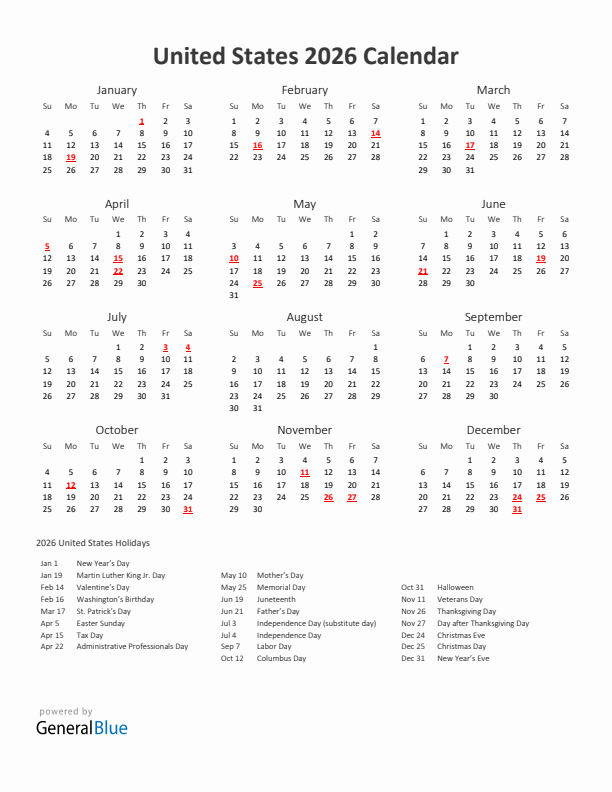 2026 Yearly Calendar Printable With United States Holidays