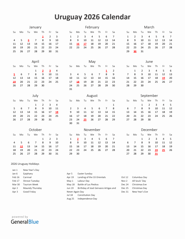 2026 Yearly Calendar Printable With Uruguay Holidays