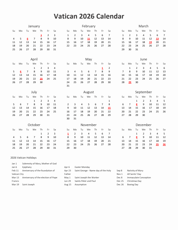 2026 Yearly Calendar Printable With Vatican Holidays