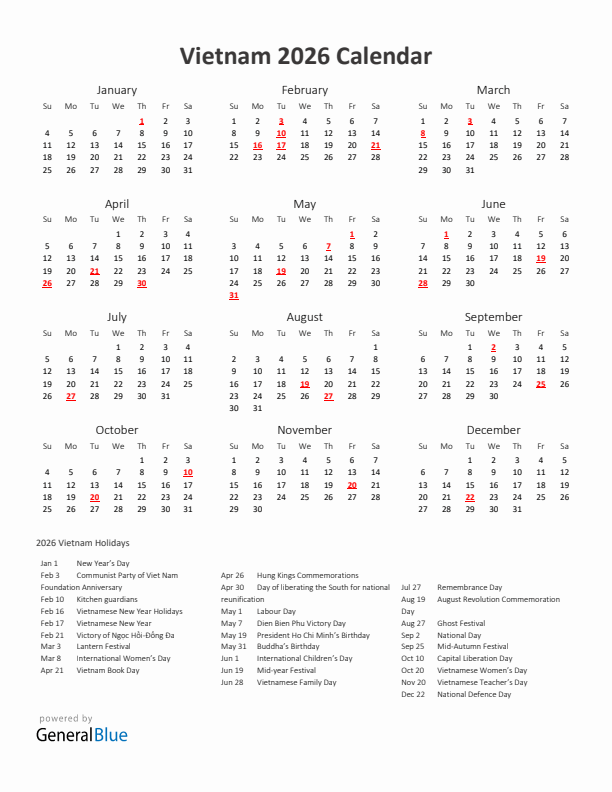 2026 Yearly Calendar Printable With Vietnam Holidays