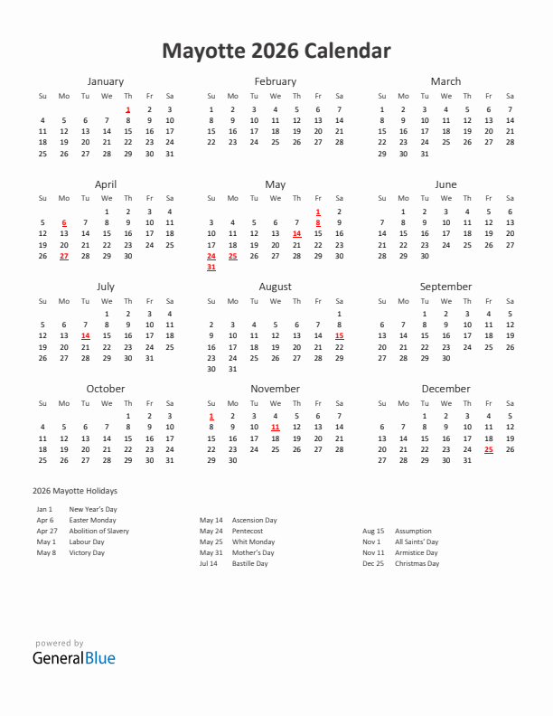 2026 Yearly Calendar Printable With Mayotte Holidays