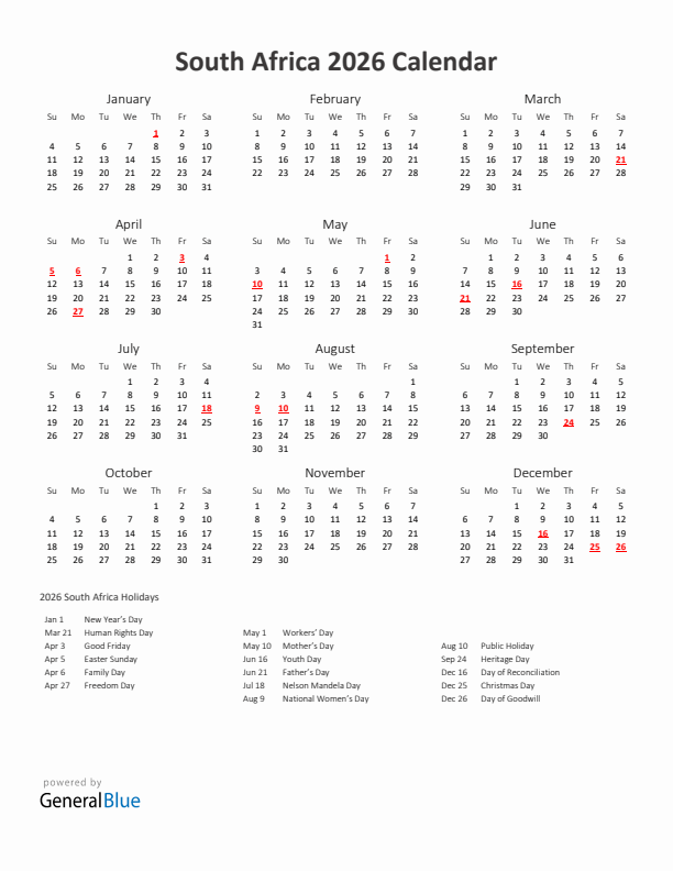 2026 Yearly Calendar Printable With South Africa Holidays