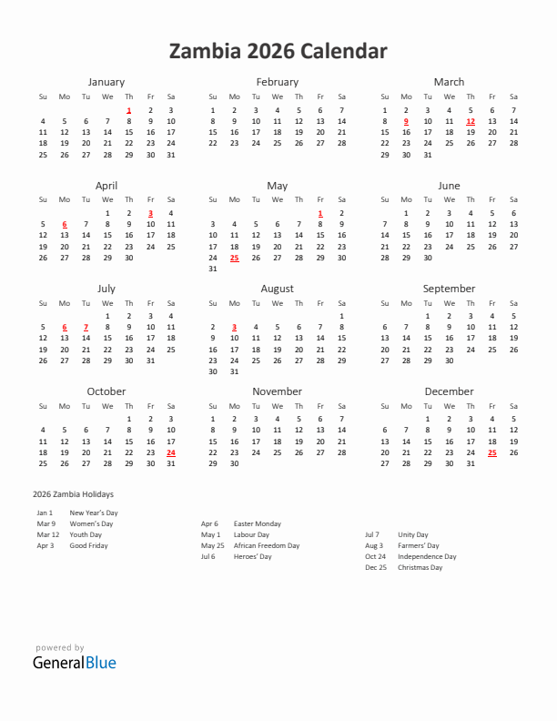 2026 Yearly Calendar Printable With Zambia Holidays