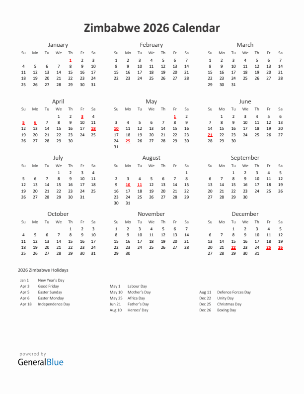 2026 Yearly Calendar Printable With Zimbabwe Holidays