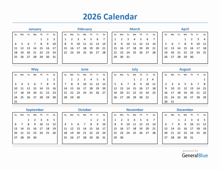 2026 Simple Yearly Calendar (PDF Excel Word)