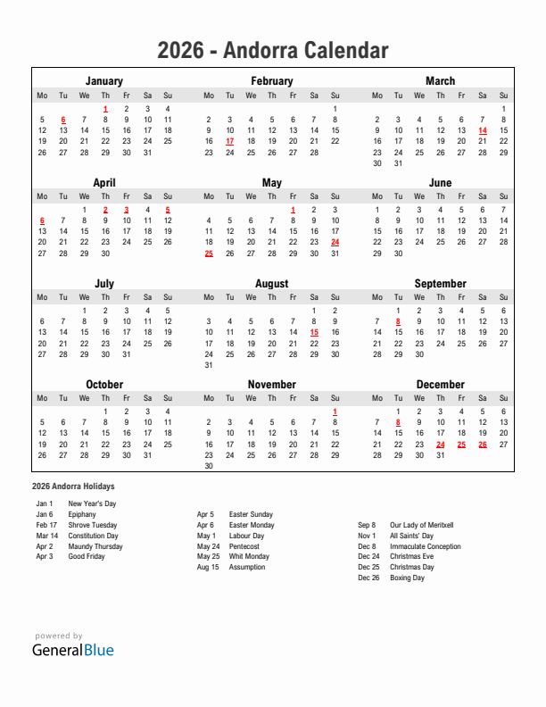 Year 2026 Simple Calendar With Holidays in Andorra