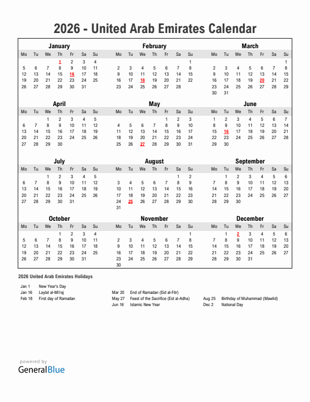 Year 2026 Simple Calendar With Holidays in United Arab Emirates