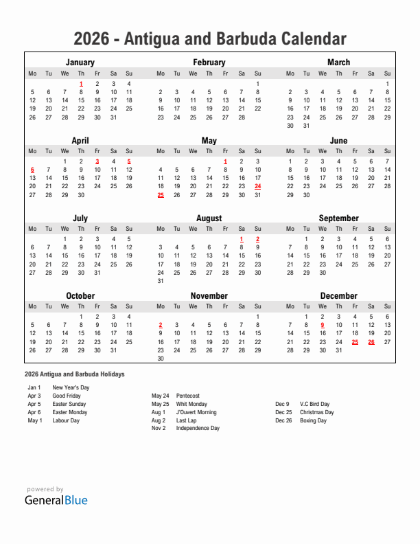 Year 2026 Simple Calendar With Holidays in Antigua and Barbuda