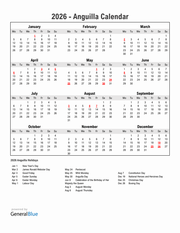 Year 2026 Simple Calendar With Holidays in Anguilla