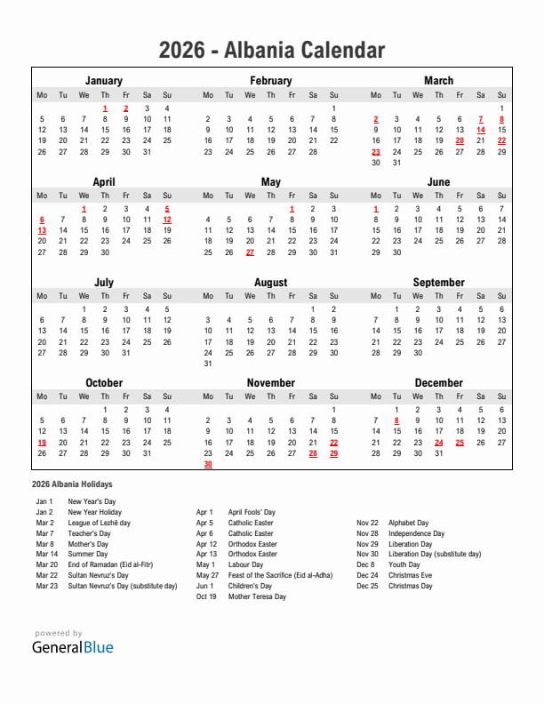 Year 2026 Simple Calendar With Holidays in Albania