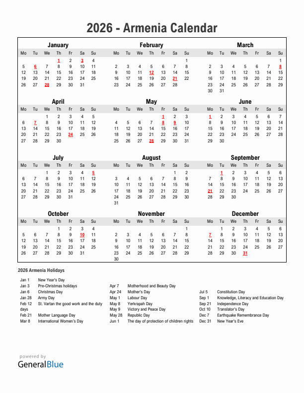 Year 2026 Simple Calendar With Holidays in Armenia